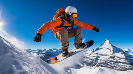A snowboarder jumps over a snowy mountain peak with Matterhorn in the distanceの素材