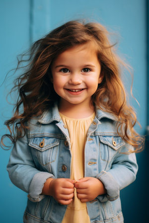 Little girl with long brown hair smiling wearing a blue jean jacketの素材