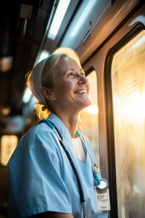 Portrait of a happy female doctor or nurse wearing a blue uniform and stethoscope around her neckの素材