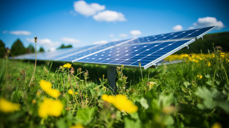 Field of solar panels generating renewable energyの素材
