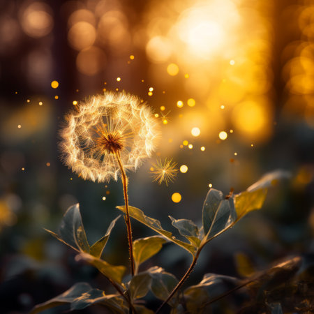 A dandelion flower with a blurred background of trees and a setting sun.の素材