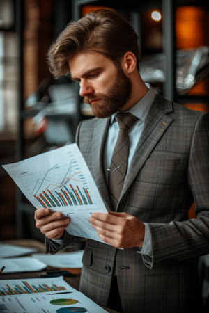Bearded man in suit looking at graphs and chartsの素材