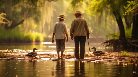 Elderly couple walking in the parkの素材