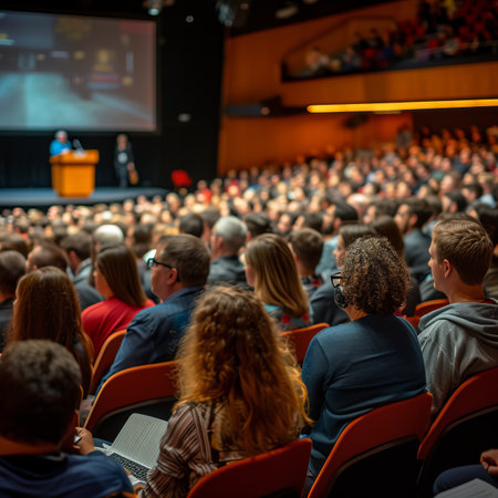 Audience listens to a speaker at a conferenceの素材