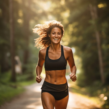 Happy female runner jogging in the park on a sunny dayの素材