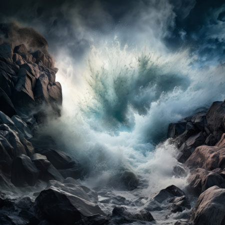 Large crashing ocean wave against black rock cliffの素材