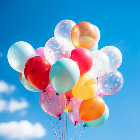 A bunch of colorful balloons floating in the blue skyの素材