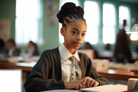 A young African-American girl is sitting in a classroom. She is wearing a school uniform and has her hair in a bun. She is looking at the camera with a serious expression.の素材