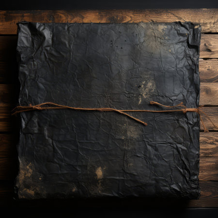 Black paper package on wooden tableの素材