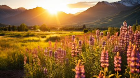Field of purple flowers with mountains in the distanceの素材