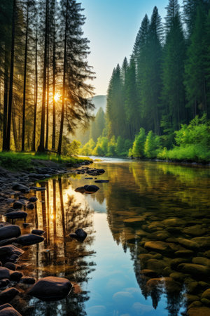 The sun rises over a river in the forestの素材