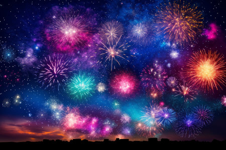 Fireworks light up the sky above a city at nightの素材