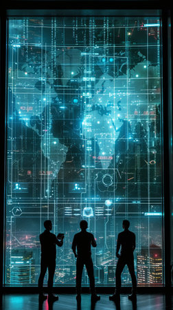 Three business people looking at a large digital world map on a glass wallの素材