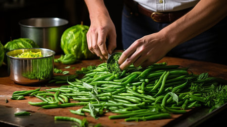 A chef is chopping green beans on a wooden cutting board.の素材