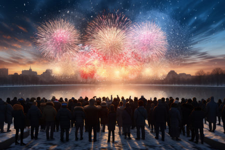 People watching fireworks over a frozen lake at nightの素材