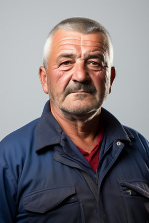 Portrait of a man in a blue jumpsuitの素材