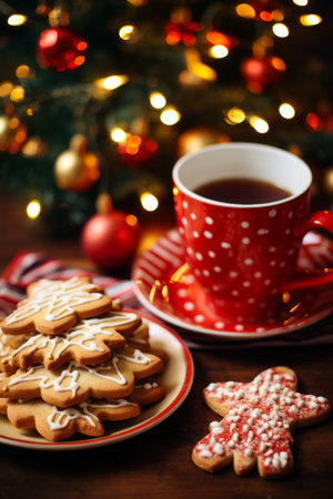 A cup of tea and Christmas cookies on a wooden table with a decorated Christmas tree in the backgroundの素材