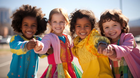 Four young girls of different ethnicities smiling and holding handsの素材