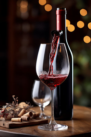 Red wine glass and bottle on wooden tableの素材