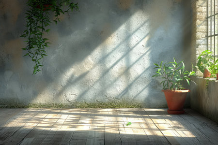 sunlight shining through the window onto the wooden floor and the potted plantの素材