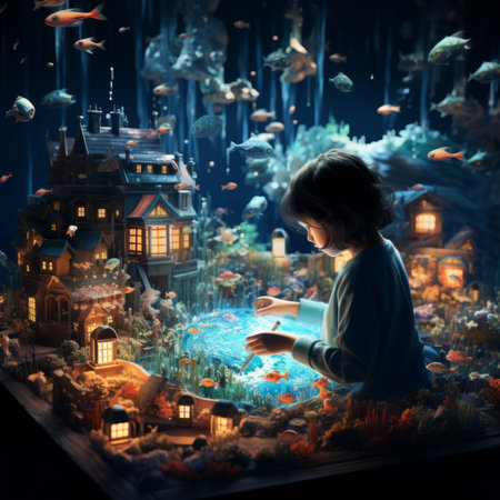 A girl drawing on a glass table with a miniature world and fish insideの素材