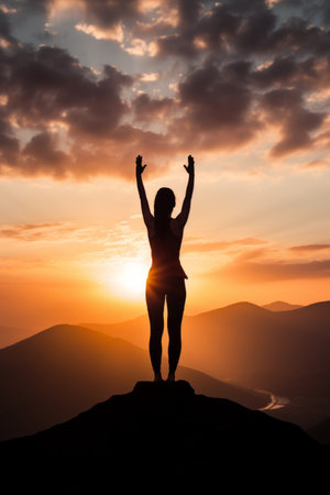 woman standing on a mountaintop with her arms raised in the air as the sun sets behind herの素材