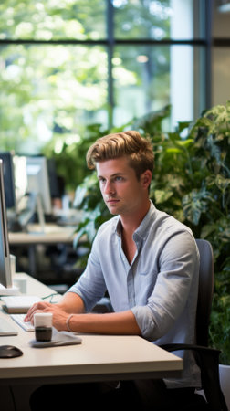 Young male professional working at a computer in an officeの素材