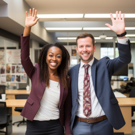 Two business professionals, one black woman and one white man, standing in an office space and waving at the camera.の素材