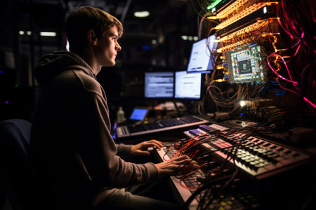 Young male engineer working on a complex computer systemの素材