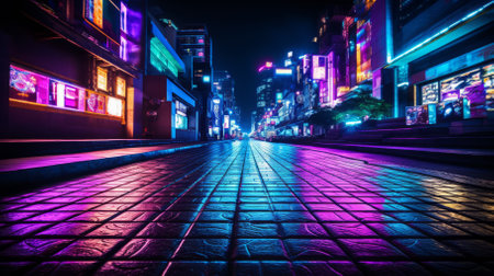 A deserted street in a cyberpunk city with bright neon lights reflecting off the wet pavementの素材