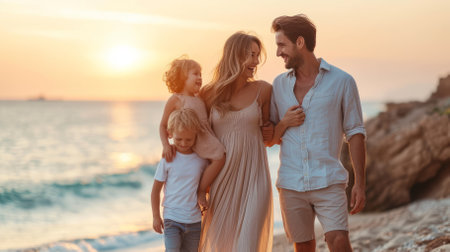 Family of four walking on the beach at sunsetの素材