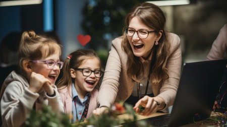 Three young girls and a woman are laughing while looking at a laptop.の素材
