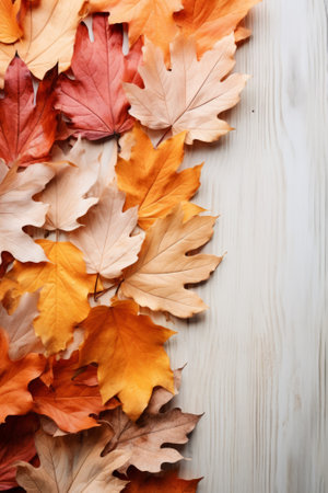 Colorful autumn leaves on wooden backgroundの素材