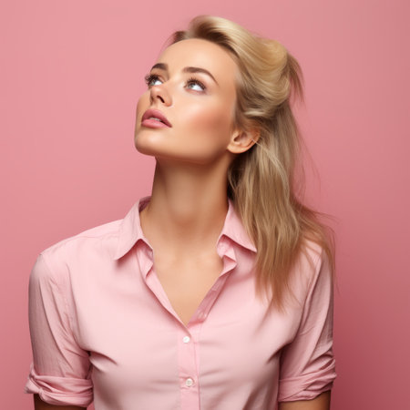 Elegant blonde woman in pink blouse looking upの素材