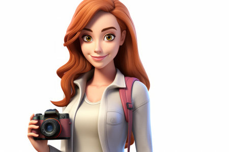 A young woman with long red hair smiles while holding a camera.の素材