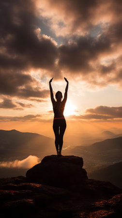 Woman standing on a rock with her arms in the air as the sun sets behind herの素材
