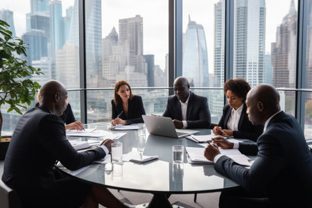A group of business professionals having a meeting in a modern officeの素材