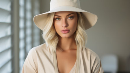 Portrait of a beautiful blonde woman wearing a hatの素材