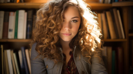 Portrait of a beautiful young woman with long curly hair standing in a libraryの素材