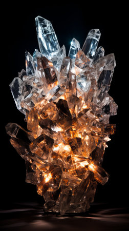 Stunning backlit quartz crystal cluster with warm lights shining throughの素材