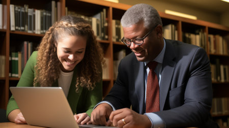 An elderly black man and a young woman smile at each other while looking at a laptop.の素材