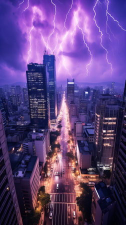 A purple lightning storm over a city streetの素材