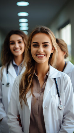 Portrait of three female doctors in white coats smiling at the cameraの素材