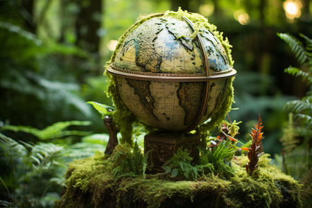 A mossy globe sits on a bed of moss in a lush green forest.の素材