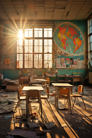 An abandoned classroom with a world map on the wallの素材