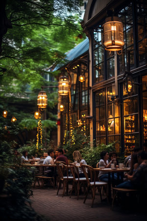 People sitting at tables outside a restaurantの素材