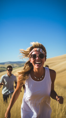 carefree friends running through a golden field on a sunny dayの素材