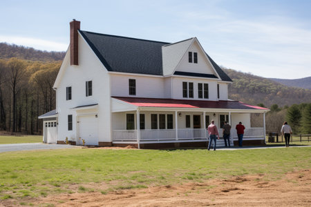 A group of people standing in front of a newly built houseの素材