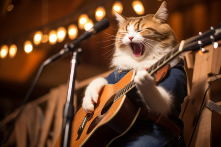 A ginger cat wearing a denim jacket and playing the guitar with its mouth open and eyes closedの素材