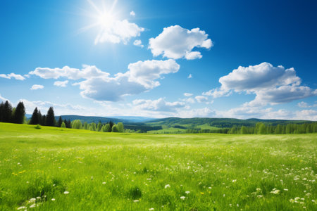 Green rolling hills under blue sky with white cloudsの素材